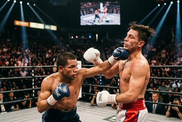 Zwei Boxer im Ring, der kleinere Außenseiter trifft den Favoriten mit einem Aufwärtshaken