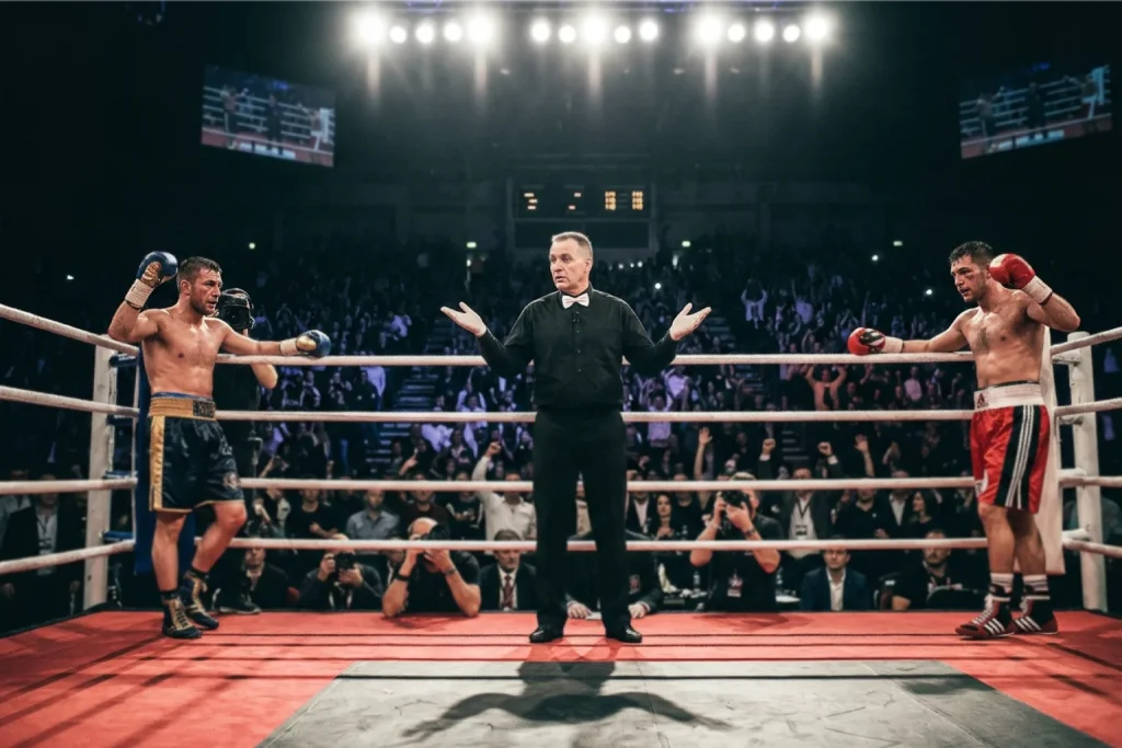Zwei Boxer im Ring nach einem Kampf mit gehobenen Armen beider Kämpfer