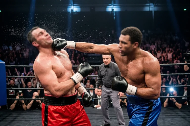 Profiboxer landet einen entscheidenden Treffer im Schwergewichtskampf im Ring