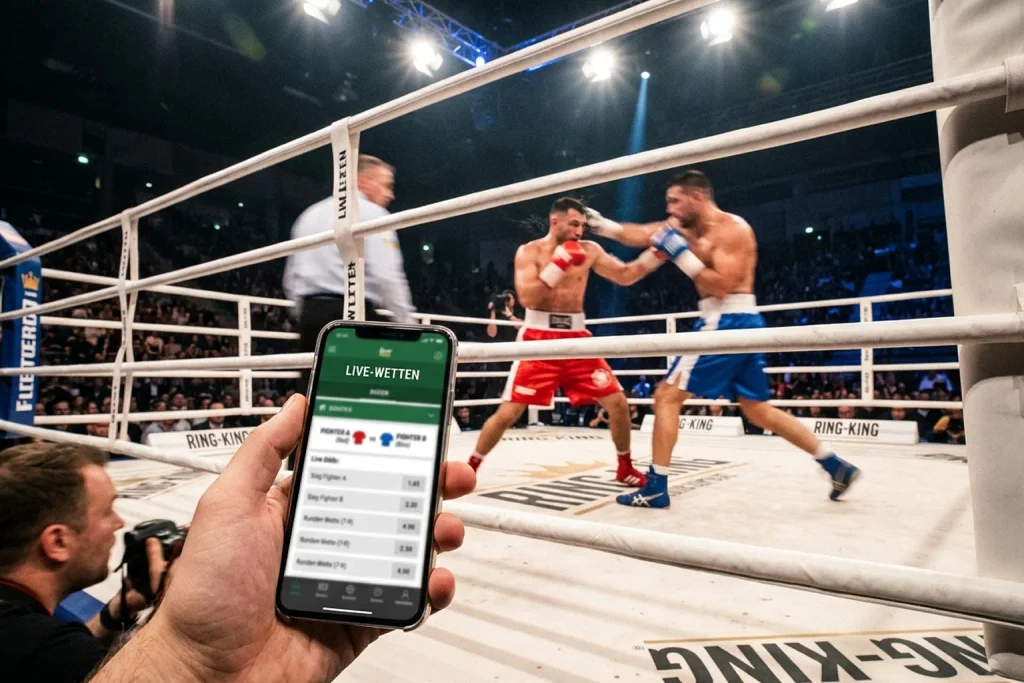 Boxring während eines Kampfes mit Live-Wetten-Anzeige auf einem Smartphone im Vordergrund