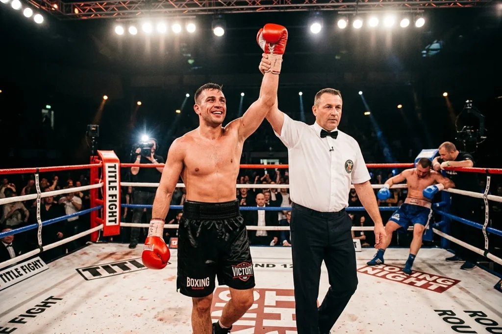 Ringrichter hebt den Arm des siegreichen Boxers nach einem K.O.