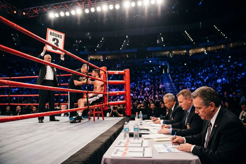 Boxring mit Rundenanzeige und Punktrichtern während eines Profiboxkampfes