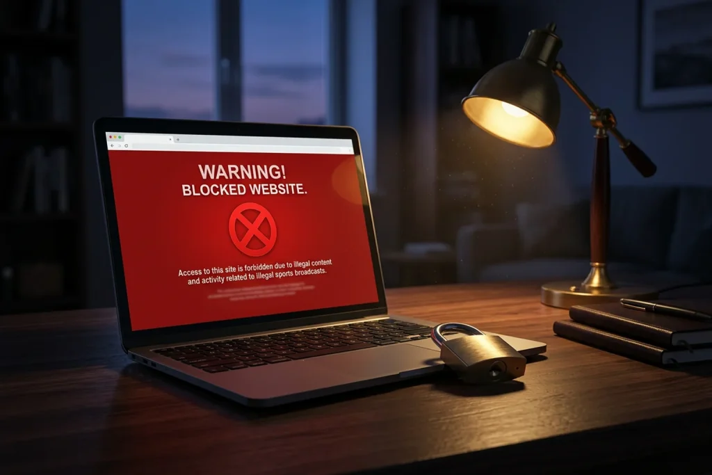 Laptop mit gesperrter Wettseite und einem Warnschild auf dem Bildschirm
