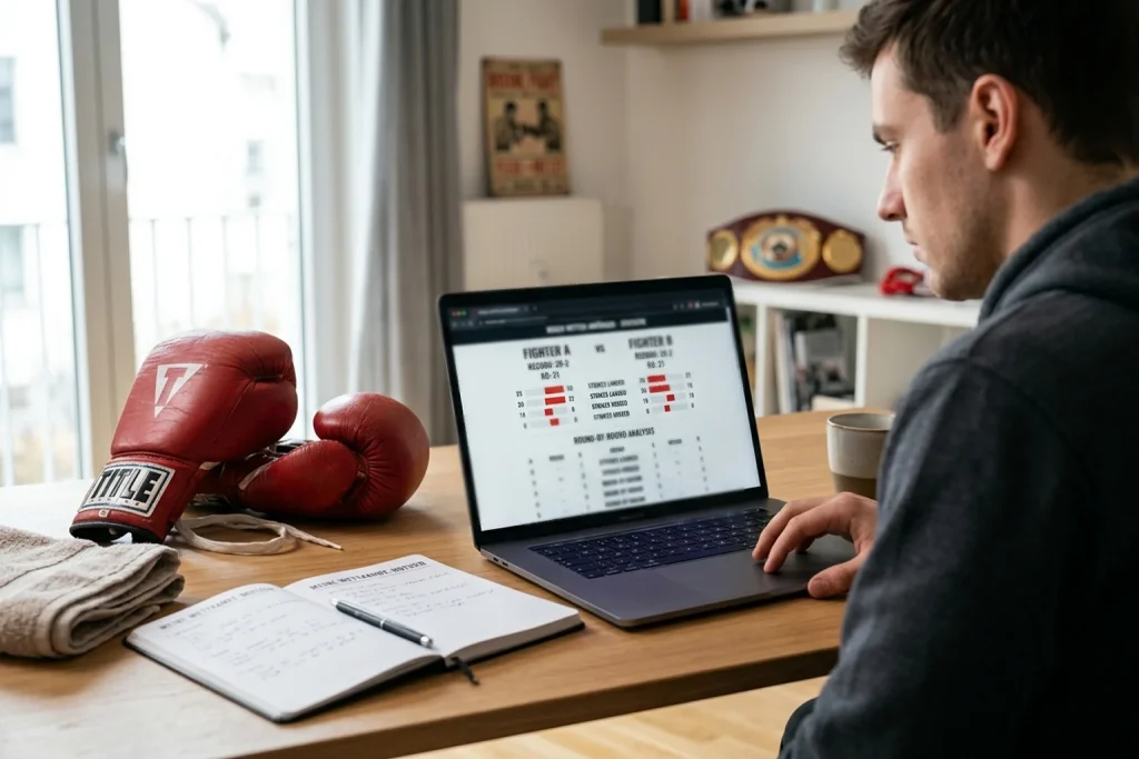 Anfänger studiert Boxkampf-Statistiken auf einem Laptop neben Boxhandschuhen