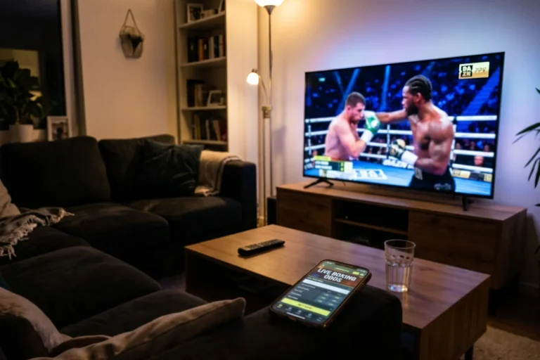 Fernseher mit Boxkampf-Übertragung und Smartphone mit Wett-App daneben