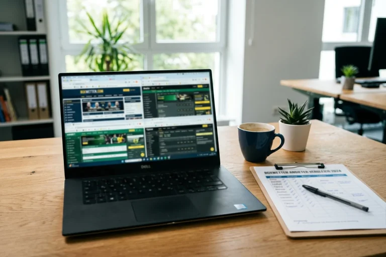 Laptop mit geöffneten Wettanbieter-Tabs und einer Checkliste für den Boxwetten-Vergleich