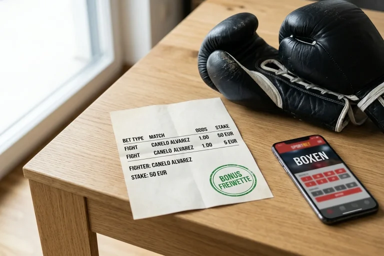 Wettschein mit Bonus-Markierung neben Boxhandschuhen auf einem Holztisch