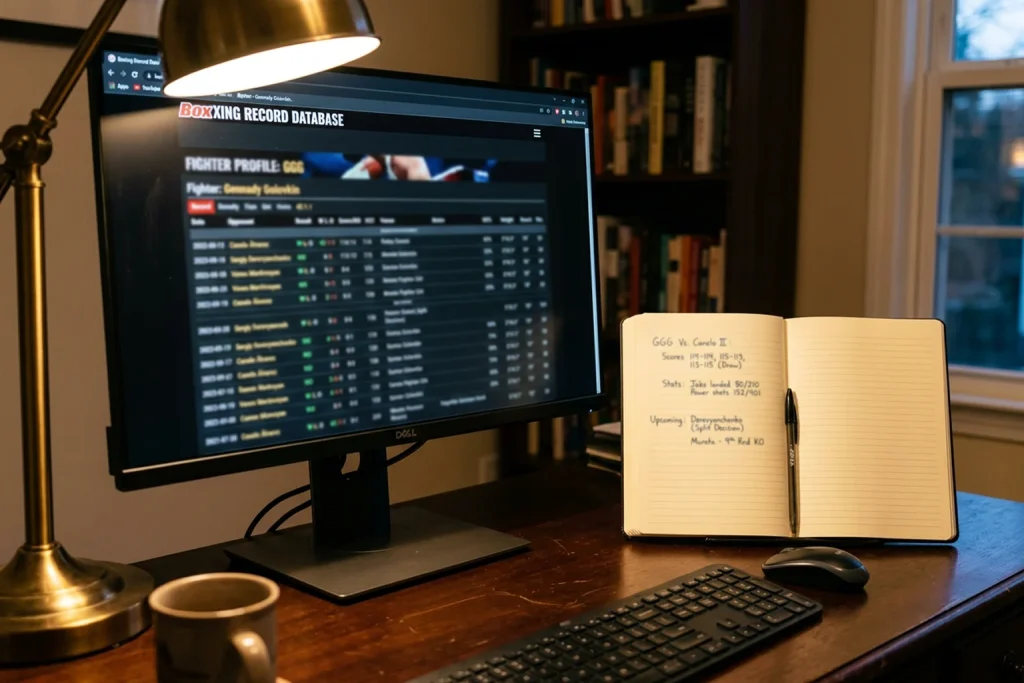 Bildschirm mit BoxRec-Kampfrecord und Statistiktabellen neben einem Notizbuch