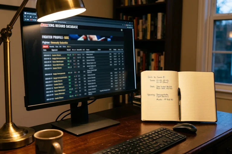 Bildschirm mit BoxRec-Kampfrecord und Statistiktabellen neben einem Notizbuch