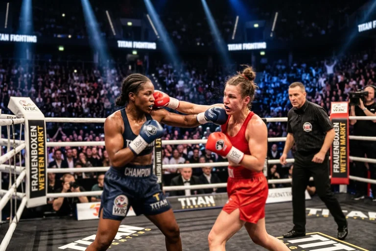 Zwei Profiboxerinnen im Titelkampf mit Boxhandschuhen im beleuchteten Ring