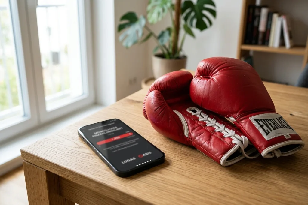 Smartphone mit LUGAS-Einzahlungslimit-Anzeige neben Boxhandschuhen auf einem Schreibtisch