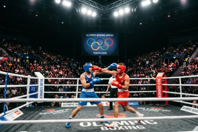 Olympischer Boxring mit zwei Boxern in Schutzausrüstung während eines Amateurkampfs